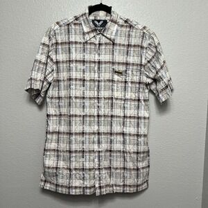 Avirex Y2K Brown Tan Blue Men's L Shirt Cotton Short Sleeve Plaid Logo Metal Tag